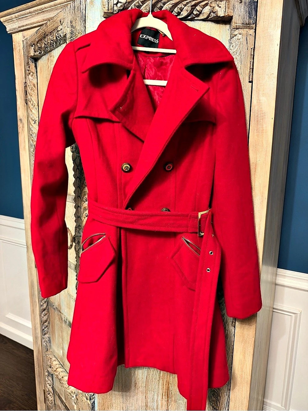 Express Wool Blend Fit And Flare Trench Coat Red Small
